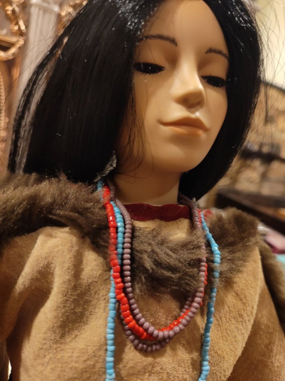 Native American-Inspired Porcelain Doll With Beaded Necklaces Faux Fur Trim Frin - Picture 3 of 8
